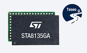 STA8135GA and Teseo Logo (photo graphic combination)