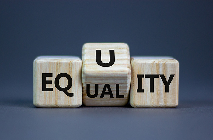 Cubes that depict the word equality.